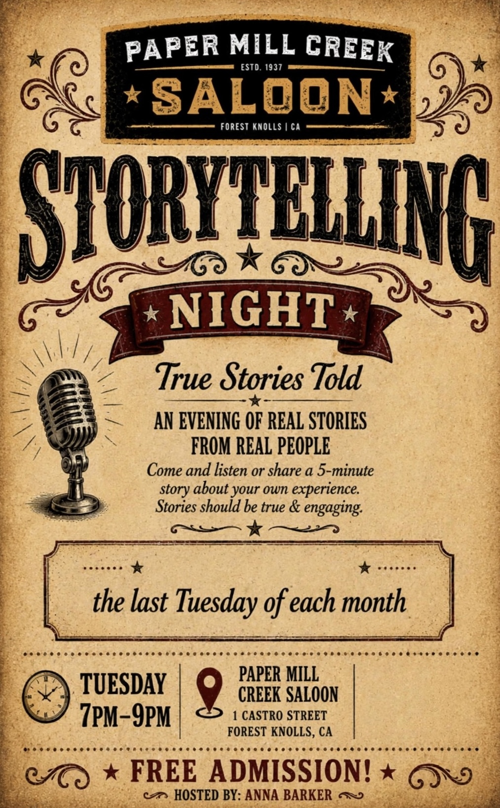 Storytelling Night at the Paper Mill Creek Saloon